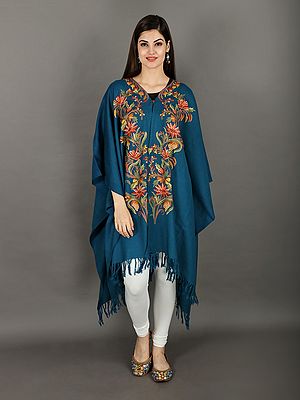 Moroccan-Blue Pure Wool Cape from Kashmir with Aari Hand-Embroidered Flowers