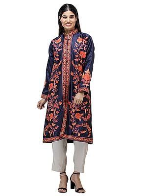 Naval-Academy Long Silk Jacket From Kashmir With Aari-Embroidered Flowers