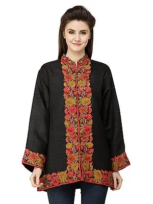 Bristol-Black Short Kashmiri Jacket from Kashmir with Hand-Embroidered Multicolor Flowers