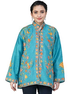 Tile-Blue Silk Short Jacket From Kashmir With Aari Embroidered Flowers All-Over
