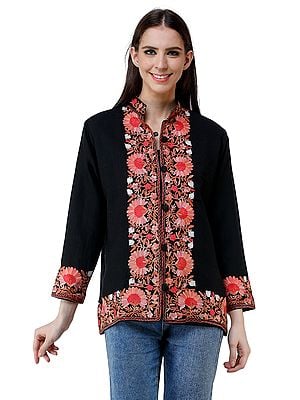 Caviar-Black Wool Short Jacket From Kashmir With Giant Aari Embroidered Flowers