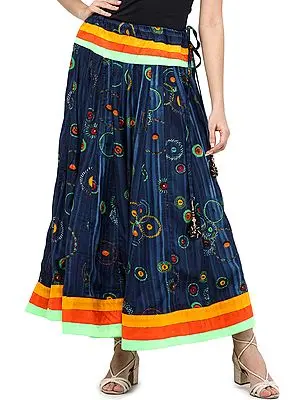 Sailor-Blue Long Skirt With Digital Printed Circles And Striped Patch Border