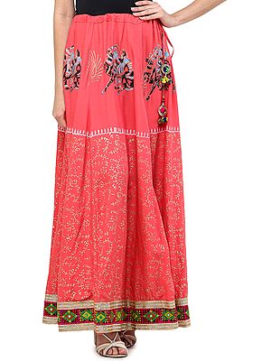 Coral-Paradise Ghagra Skirt from Kutch with Multicolor Thread Embroidered Patch Border and Mirrors
