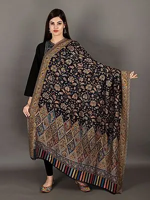 Bristol-Black Cashmere Shawl From Amritsar with Kani Woven Multicolor Flowers and Paisleys