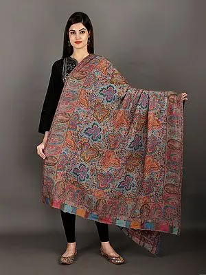 Kani Jamawar Shawl from Amritsar with Multicolour Paisleys on Border and Chinar Leaves All-Over
