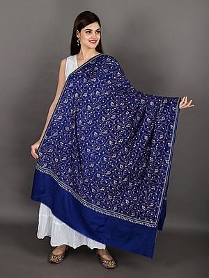 Pure Pashmina Shawl from Kashmir with Sozni Hand-Embroidered Paisleys and Flowers in Multicolor Thread