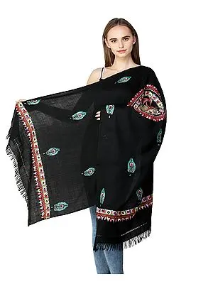 Black-Beauty Wool Stole from Kasmir with Hand-Embroidered Peacock Feathers and Flowers on Border