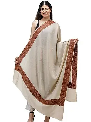 Sandshell Wool Shawl from Amritsar with Temple Embroidered Patch Border