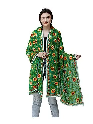 First-Tee Phulkari Dupatta From Punjab With Multicolored Crewel Embroidery