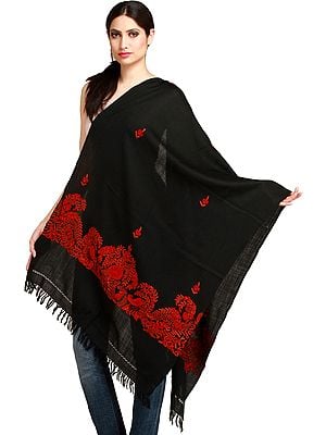 Bristol-Black Plain Stole from Kashmir with Aari-Embroidered Flowers and Leafs on Border
