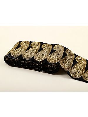 Caviar-Black Zari-Embroidered Paisleys Velvet Border