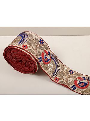 Zari-Embroidered Peacock Fabric Border with Sequins