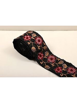 Bristol-Black Silver-Zari And Multi Color Thread Embroidery Flowers Fabric Border