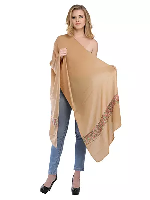 Indian-Tan Tusha Stole from Kashmir with Sozni Embroidered Border