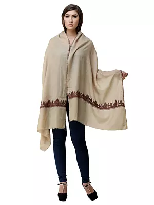 Warm-Sand Plain Wool Stole with Sozni Embroidered Temple on Border