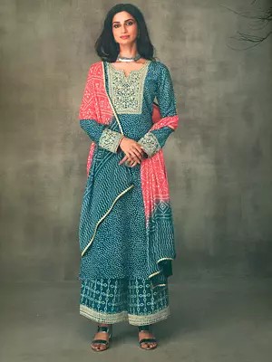 Deep-Lagoon Bandhej Muslin Digital Print With Neck Embroidery Salwar-Kameez Suit
