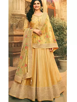 Golden-Apricot Embroidered Dola Silk Top With Embroidered Net Dupatta Salwar-Kameez