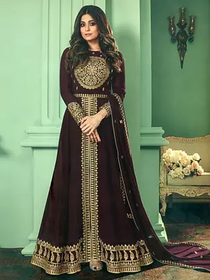 Red-Mahogany Georgette Designer Anarkali Heavy Salwar-Kameez Suit