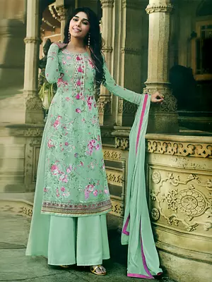 Brook-Green Brasso Digital Print with Embroidery Work With Chiffon Dupatta Salwar-Kameez Suit