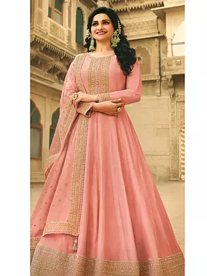 English Rose Embroidered Dola Silk Top With Embroidered Net Dupatta Salwar-Kameez