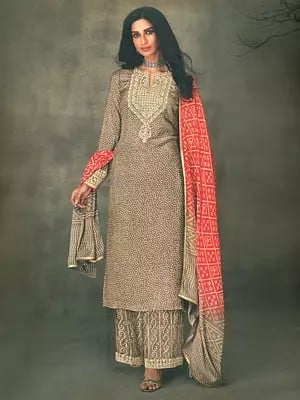 Affogat Bandhej Muslin Digital Print With Neck Embroidery Salwar-Kameez Suit