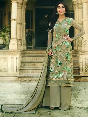 Sage-Green Brasso Digital Print with Embroidery Work With Chiffon Dupatta Salwar-Kameez Suit