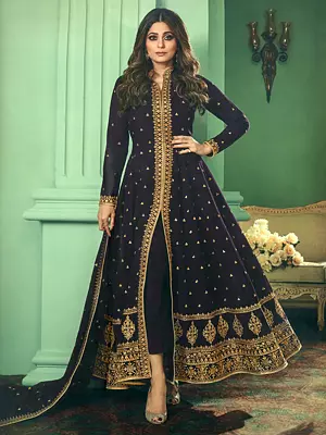 Dark-Purple Georgette Designer Anarkali Heavy Salwar-Kameez Suit