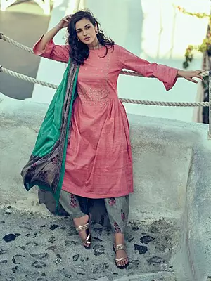 Peach-Blossom Embroidered Neck Cotton Printed Salwar-Kameez With Pure Chiffon Dupatta
