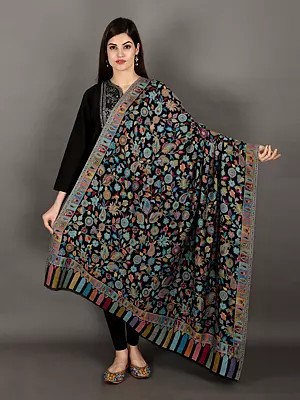 Black-Beauty Cashmere Shawl from Amritsar with Kani Woven Multicolor Flowers and Paisleys