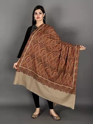Affogato Pashmina Shawl from Kashmir with Heavy Sozni Embroidered Paisley and Flowers