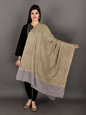 Savannah-Tan Pure Pashmina Shawl from Kashmir with Sozni Hand-Embroidered Flowers and Leaves in Multicolored Thread
