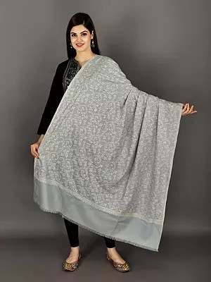 Micro-Chip Pure Pashmina Shawl from Kashmir with Sozni Hand-Embroidered Paisleys and Flowers