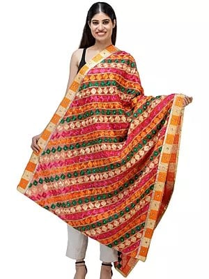 Multicolored Traditional Phulkari Dupatta With Heavy Hand Embroidery