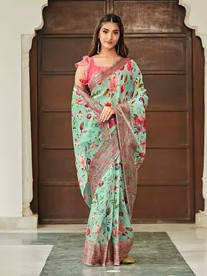 Turquoise Digital Floral Print Organza Saree With Weaving Border