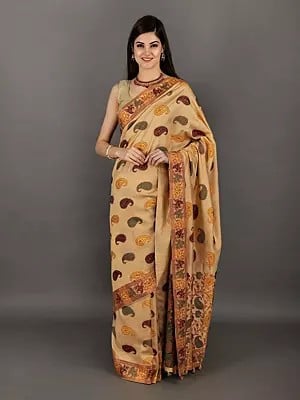 Fenugreek Silk Sari From Assam With Woven Paisleys All-over