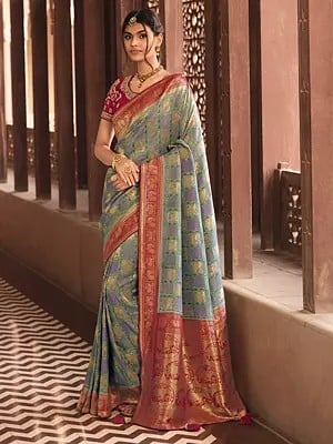 Ghost-Gray Silk Designer Saree With Woven Paisley On Border And Elephant On Aanchal