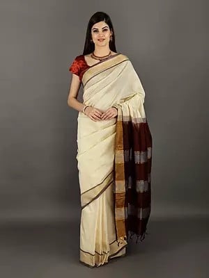 Plain Kosa Saree from Bengal with Woven Stripes on Pallu