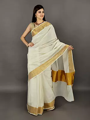 Cloud-Cream Kasavu Puja Saree from Kerala with Golden Border