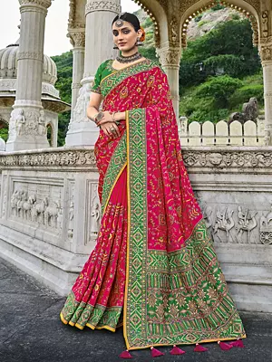 Raspberry Banarasi Silk Saree with Heavy Beaded Mirror Sequins & Thread Work All-over