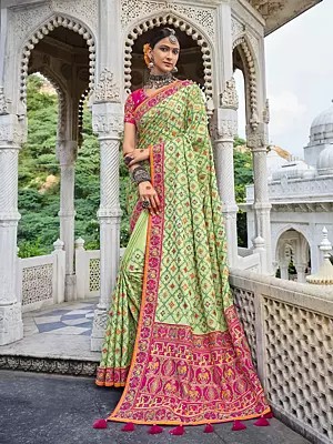 Tarragon Banarasi Silk Saree With Heavy Beaded Mirror Sequins & Thread Work All-over