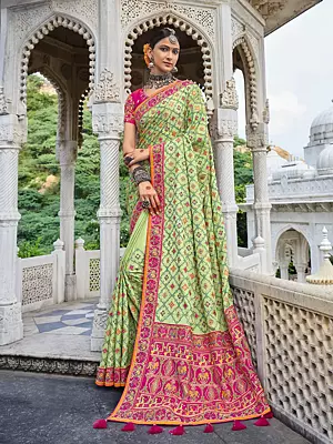 Tarragon Banarasi Silk Saree with Heavy Beaded Mirror Sequins & Thread Work All-over