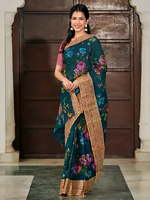 Deep-Lagoon Digital Floral Print Organza Saree With Weaving Border