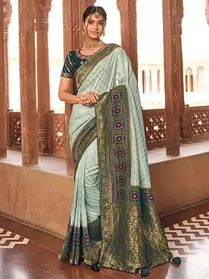Ocean-Wave Silk Designer Saree With Woven Paisley On Border And Elephant On Aanchal