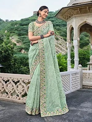 Lichen Banarasi Silk Saree With Heavy Beaded Mirror Sequins & Thread Work All-over