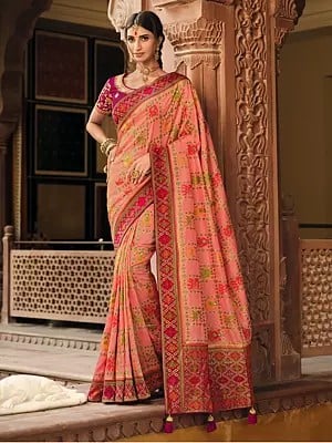 Shell-Pink Silk Designer Saree With Woven Paisley On Border And Elephant On Aanchal