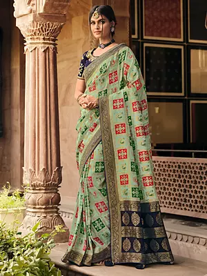 Aqua-Foam Silk Designer Saree With Woven Paisley On Border And Elephant On Aanchal