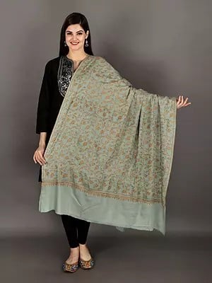 Frosty-Green Pure Pashmina Shawl from Kashmir with Sozni Hand-Embroidered Leaves and Flowers