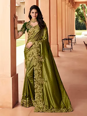 Minced-Herb Designer Silk Saree With Heavy Thread Embroidered Border