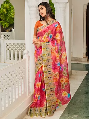 Desert-Rose Digital Floral Print Organza Saree With Weaving Border