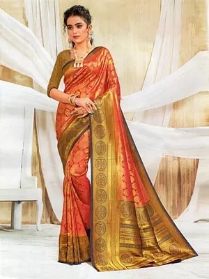 Bright-Rose Brocaded Banarasi Silk Saree With Woven Pattern All-over